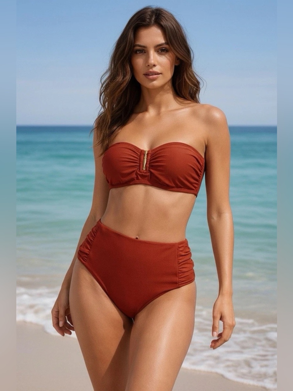 DKNY Women's Bikini Set U-Wire Top & High Rise Shirred Bottom Rust Size Large
